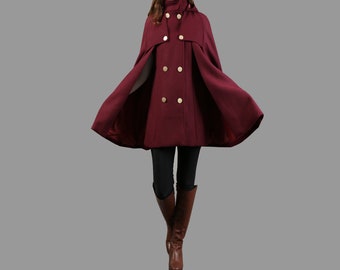 Cape coat with hood, wool poncho jacket, high neck coat, wool cloak coat, wool shawl winter coat, vintage cape(Y1108)