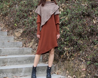 Asymmetrical Cotton Cowl Neck Dress with Acrylic Poncho