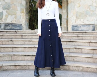 Jupe longue en laine : jupe d'hiver trapèze taille haute bouton bronze