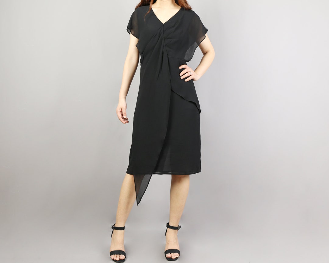 Black Chiffon Asymmetrical Dress: V-Neck Tunic