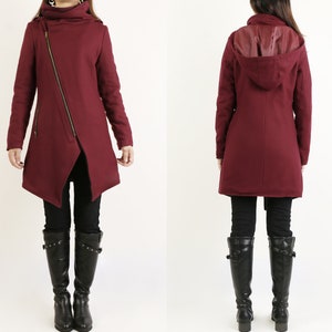 Wool Coat with hood/Asymmetrical jacket/Winter Jacket/Wool Coat/Trench Coat/zipper coat/Long Overcoat(Y1195)