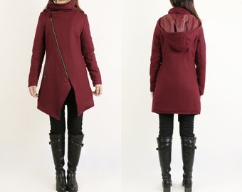 Wool Coat with hood/Asymmetrical jacket/Winter Jacket/Wool Coat/Trench Coat/zipper coat/Long Overcoat(Y1195)