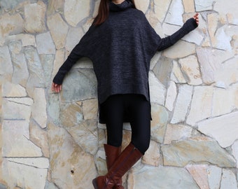 Pullover sweater, shawl collar top, knit tunic dress, plus size sweatshirt, oversized knit top, asymmetrical t-shirt(Y1089)