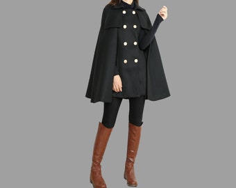 Cape coat Women, wool poncho jacket, wool cloak coat, wool shawl winter coat, vintage cape(Y1106)