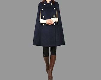 Cape coat Women, wool poncho jacket, wool cloak coat, wool shawl winter coat, double breasted buttoned coat(Y1185)