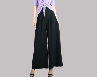 Pantalon en lin large, pantalon taille élastique, pantalon de poids léger taille haute, pantalon d’été ample (K1048)