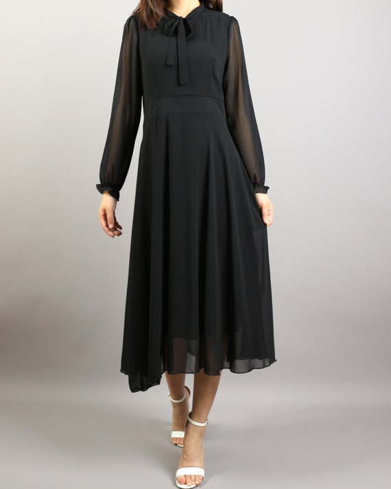 Chiffon Dress, Long Sleeve Dress, Black Dress, Midi Dress