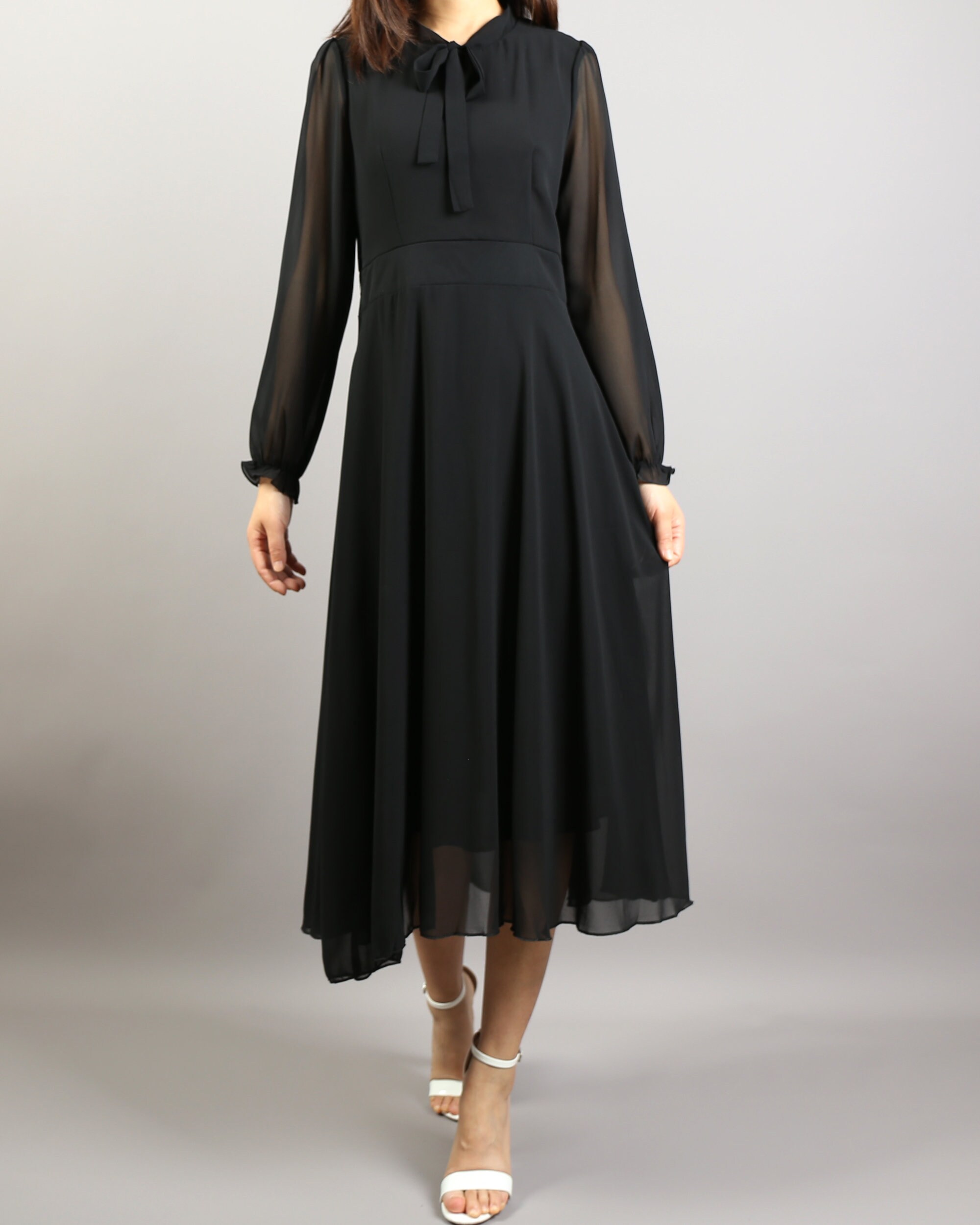 ワンピース vintage Asymmetry chiffon dress black Chiffon Dress, Long Sleeve Dress, Black Dress, Midi Dress