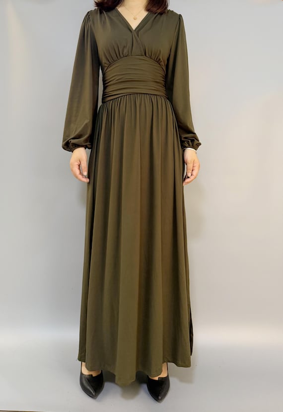 Army Green Maxi Dress, Elegant V-Neck Evening Gown