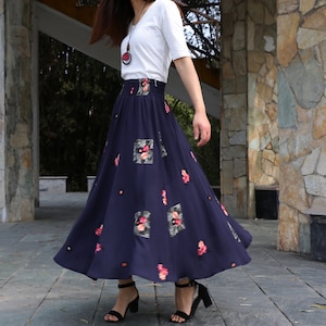 Embroidery skirt, Cotton skirt, high waist skirt, maxi skirt, elastic waist skirt, custom made, skirt with pockets (Q1036)
