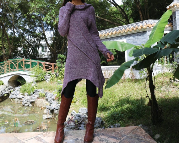 Cowl Neck Pullover Sweater Dress: Asymmetrical Thumb Hole Tunic
