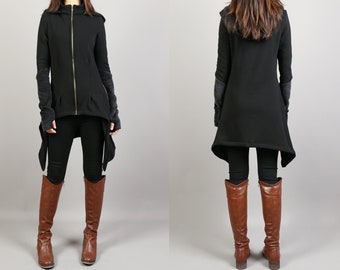 Asymmetric jacket, Jacket for women, jacket with hood, Women cotton jacket, Black Hooded Coat, Thumb Holes, Extravagant Unique coat(Y1180)