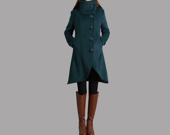 Wool Winter Coat: Asymmetrical High Neck Trench Coat with Crystal Buttons
