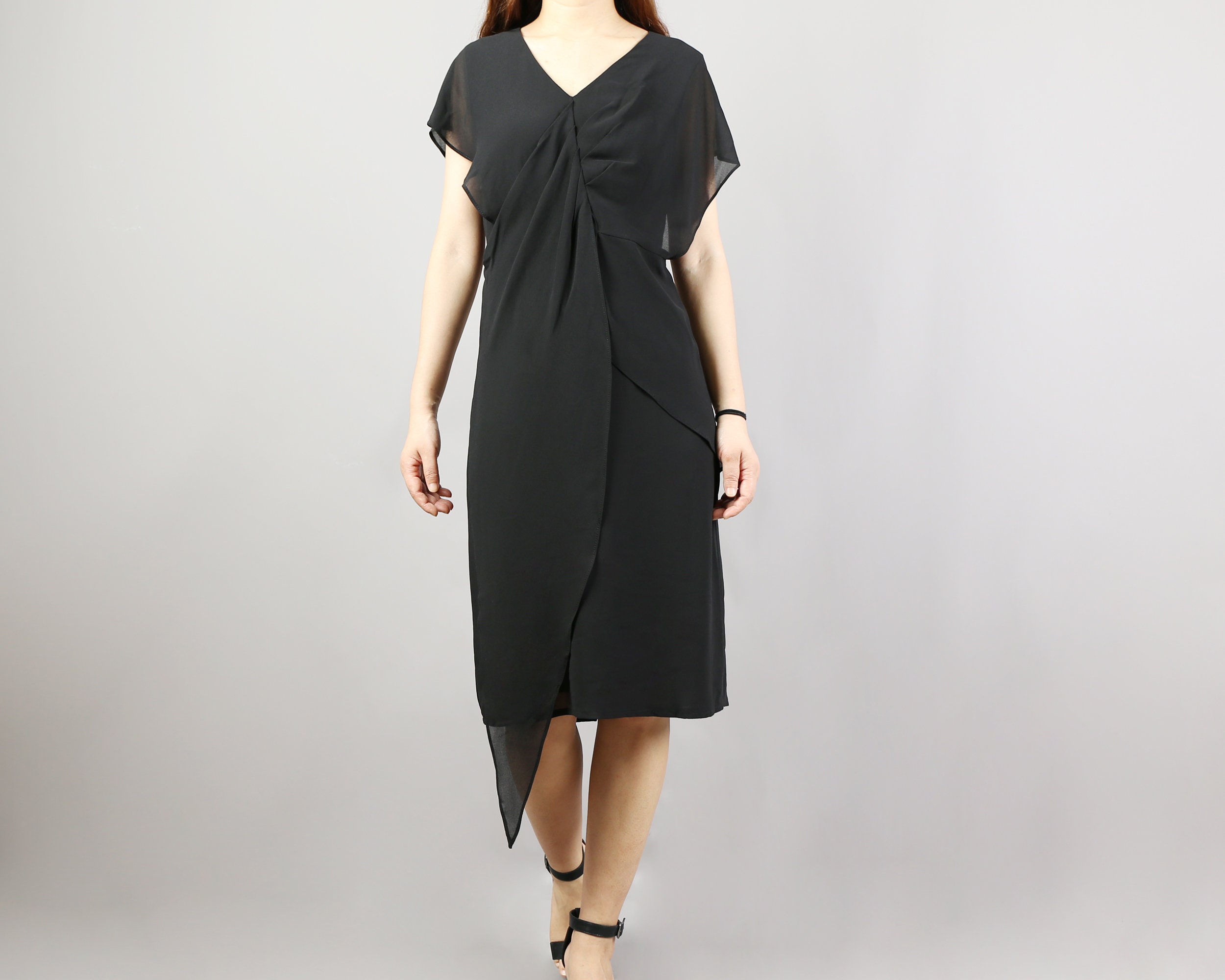 Black Chiffon Asymmetrical Dress: V-Neck Tunic Black Chiffon Asymmetrical Dress: V-Neck Tunic