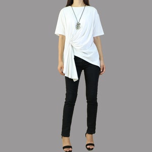 Oversize cotton top, Short sleeve cotton t-shirt, white summer T shirt, Asymmetrical tops(Y1075)