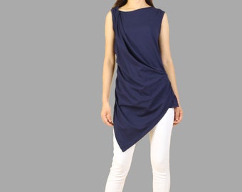 Sleeveless t-shirt, long tank top, tunic tops for women, cotton tunic dress, long top, dark blue cotton top(Y1041S)