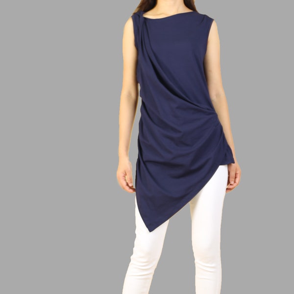 Sleeveless t-shirt, long tank top, tunic tops for women, cotton tunic dress, long top, dark blue cotton top(Y1041S)