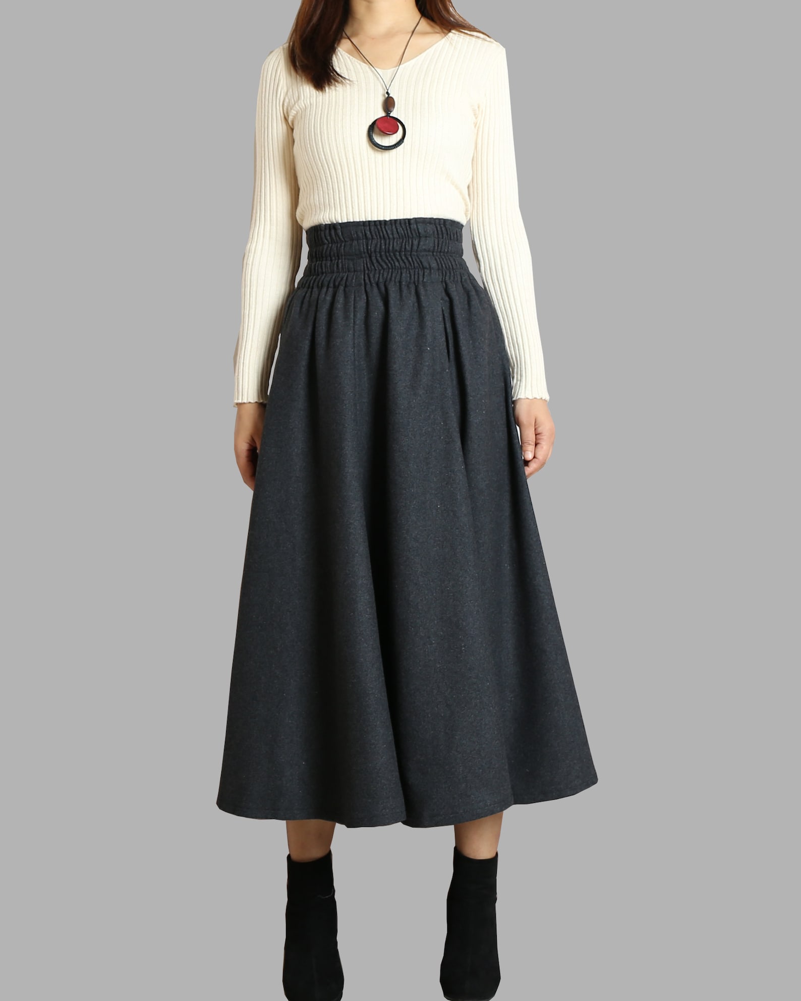 Women Pleated Elastic High Waist Winter Geometric Jacquard Knitted Midi Long Skirt