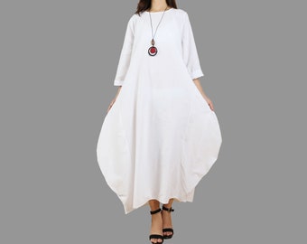 Linen dress, oversized 3/4 sleeve dress, casual loose kaftan maxi dress, plus size clothing(Q1091)