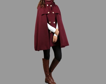 Cappotto con cappuccio in lana: giacca poncho invernale con collo alto