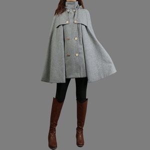 Cape coat with hood, wool poncho jacket, high neck coat, wool cloak coat, wool shawl winter coat, vintage cape(Y1108)