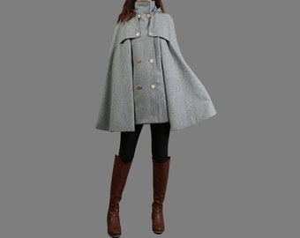 Hooded Wool Cape Coat: High Neck Winter Poncho Jacket