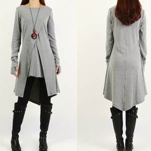 Cotton Tunic Dress: Asymmetric Hem, Thumb Hole Sleeves