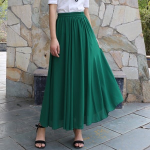 Women&#39;s maxi skirt, chiffon skirt, elastic waist skirt, long skirt, summer skirt, A-line skirt, customized summer dark blue skirt(Q2021)