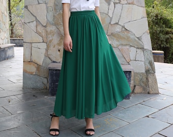 Women's maxi skirt, chiffon skirt, elastic waist skirt, long skirt, summer skirt, A-line skirt, customized summer dark blue skirt(Q2021)