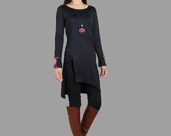 Robe en coton noir, robe tunique à manches longues, t-shirt asymétrique col d’équipage, haut tunique pour leggings, robe patchwork (Y1099)