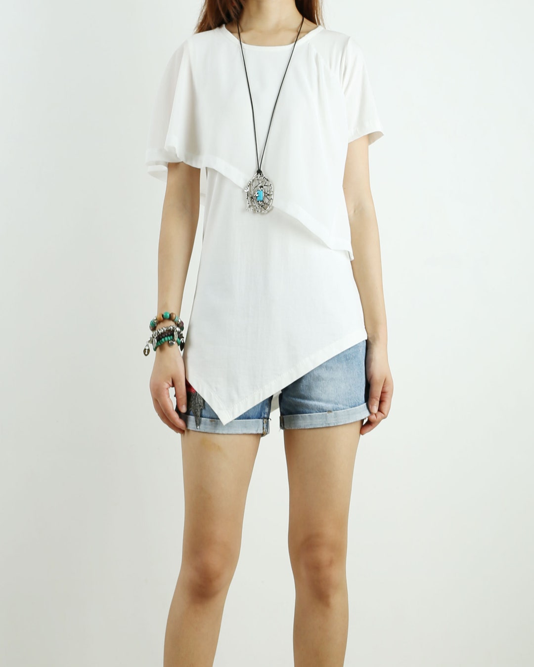 Asymmetrical Layered T-shirt, Short Sleeve Cotton and Chiffon Top, T ...
