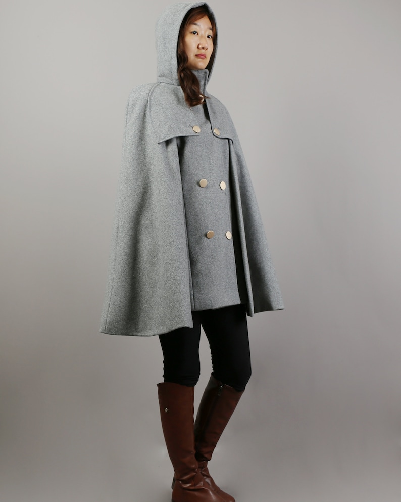 Cape coat with hood, wool poncho jacket, high neck coat, wool cloak coat, wool shawl winter coat, vintage capeY1108 image 4