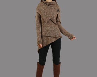 Pullover sweater, Asymmetrical knit tops, long sleeve t-shirt, poncho neck top(Y1081)