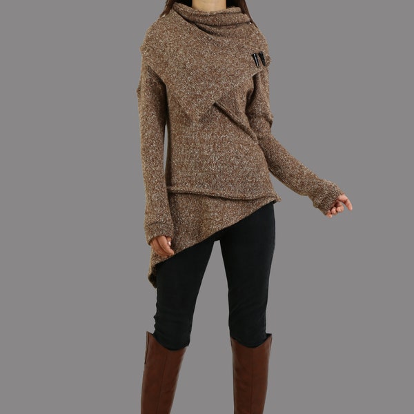 Pullover sweater, Asymmetrical knit tops, long sleeve t-shirt, poncho neck top(Y1081)