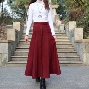 Wool Maxi Skirt: High Waist Winter Skirt with Bronze Buttons