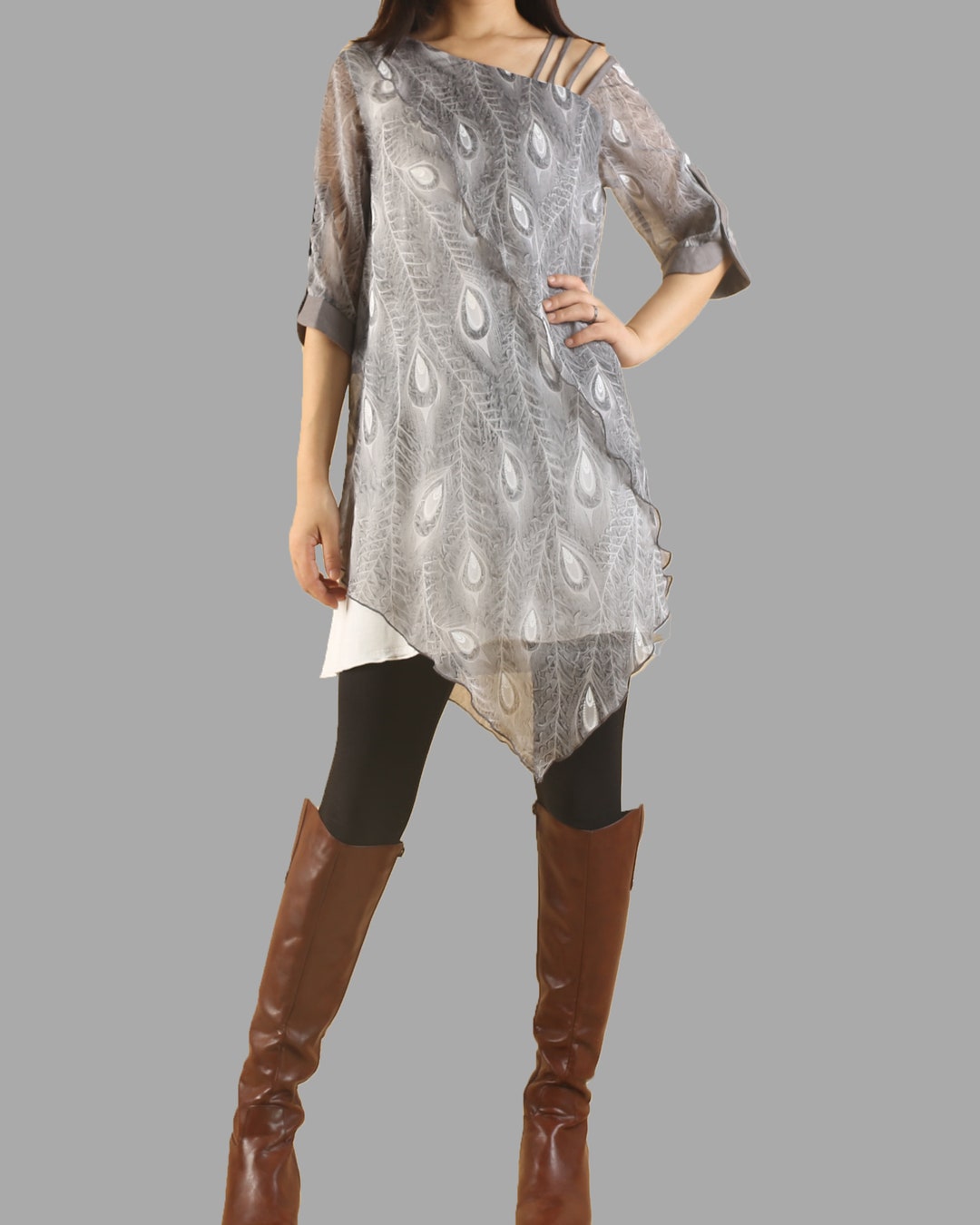 Robe imprimée plumes de paon, robe en soie, robe tunique à manches