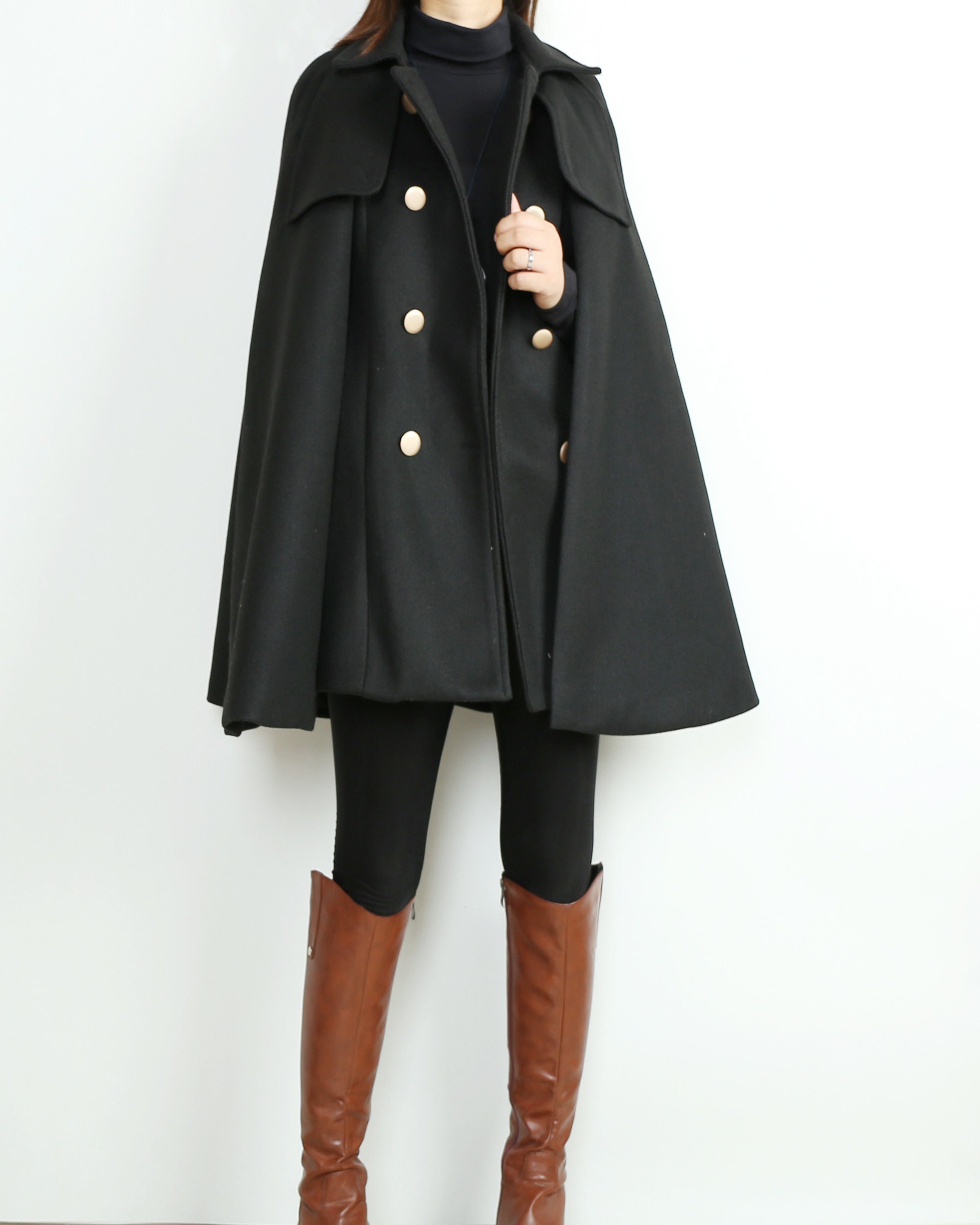 Whitive Women Button-up Woolen Caftan Poncho Baggy Style Trench Coat Jacket