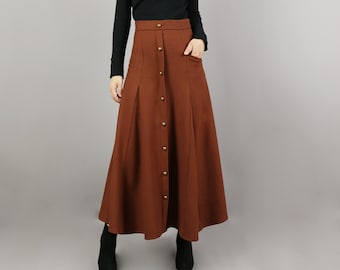 Jupe d’hiver, jupe en laine, jupe brune, jupe longue, jupe vintage, jupe taille haute, jupe maxi (Q1099)