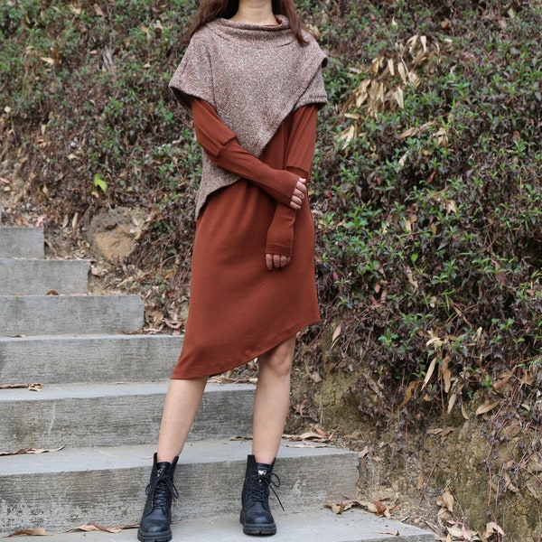 Women's asymmetrical dress, loose fit dress, cotton dress, cowl neck dress, long sleeve dress, sweater dress, dress with poncho(Q1078)