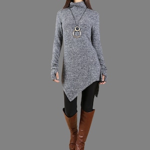 Pullover sweater women, Asymmetrical knit tops, sweater tunic dress, long sweaters, high neck sweaters(Y1092)