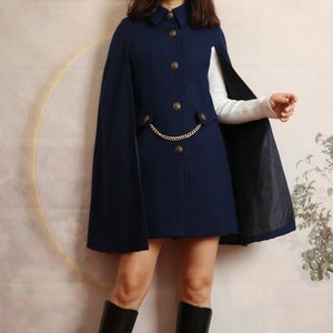 Wool Cape Coat: Buttoned Poncho Jacket with Chain Detail