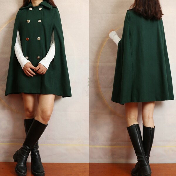 Cape coat Women, wool poncho jacket, wool cloak coat, wool shawl winter coat, double breasted buttoned coat(Y1105)