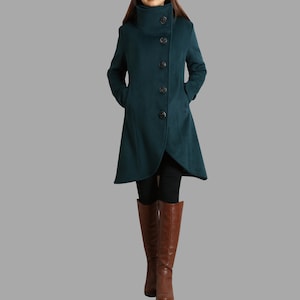 Wool Winter Coat: High Neck Asymmetrical Trench Coat with Crystal Buttons