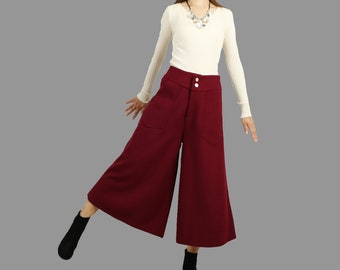 Wollen broek, Wijde been broek, Cropped broek, flare rok broek, plus size broek, casual aangepaste broek (K1116)