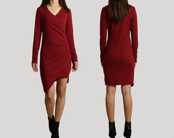 V-neck dress, form fitting dress, Cotton tunic dress, sexy dress, long sleeve cotton dress, mini dress, cotton tunic top(Q1077)