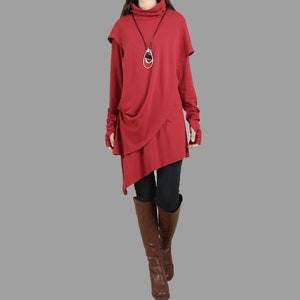Cotton dress, Thumb hole Sleeves tunic dress, High Neck Asymmetric T-shirt, Long Sleeve Tunic Top, Oversized T-shirt Customized(Y1087)