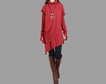 Cotton Tunic Dress: High Neck Asymmetric Hem, Thumb Hole Sleeves