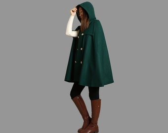 Cape coat with hood, wool poncho jacket, high neck coat, wool cloak coat, wool shawl winter coat, vintage cape(Y1108)