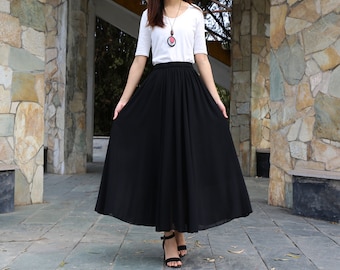 Women's maxi skirt, chiffon skirt, elastic waist skirt, long skirt, summer skirt, A-line skirt, customized summer dark blue skirt(Q2021)