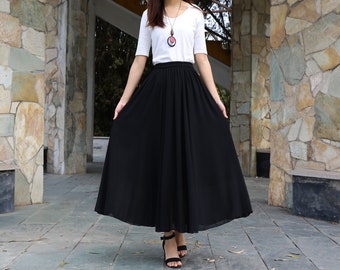 Chiffon Maxi Skirt: Elastic Waist A-Line Long Skirt